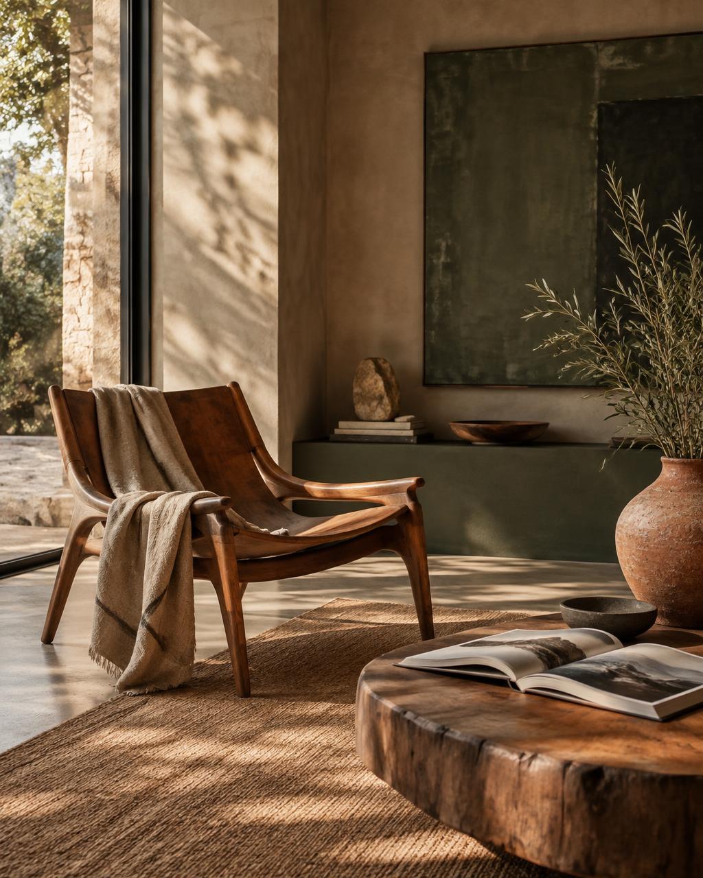 Interior com madeira, cerâmica e luz natural